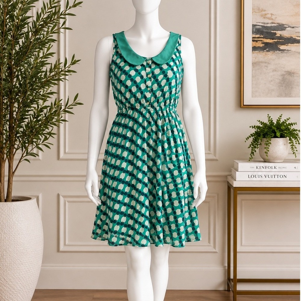 Xhilaration Womens Dress Green Geometric Dot Peter Pan Collar Size Medium